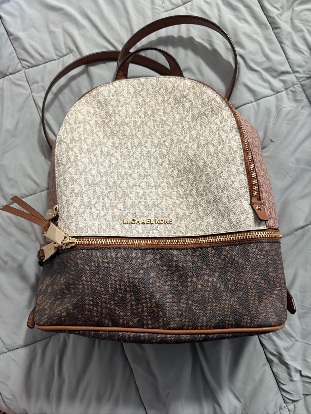 Michael Kors Two-Tone MK Signature Dome Backpack in Cream, Brown & Tan